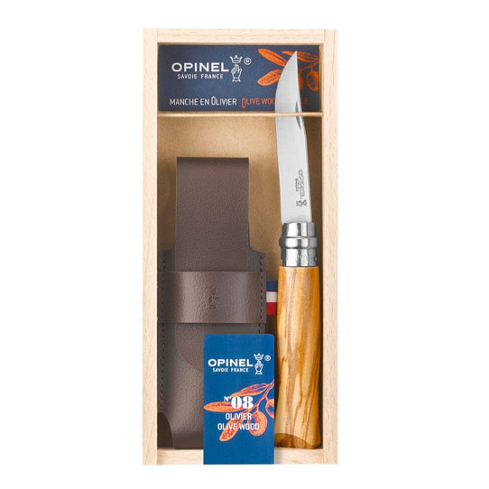 Opinel No.08 Olive Wood Folding Knife with Sheath - In Wooden Gift Box Opinel 